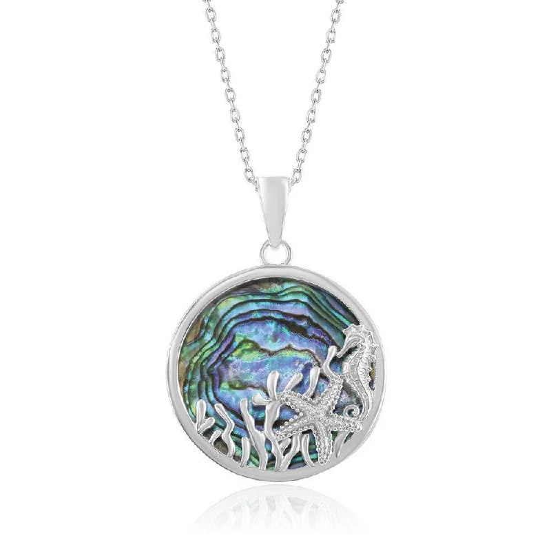 Fashionable necklaces and pendants with birthstones for a personalized gift idea-Sterling Silver Round Abalone with Starfish and Seahorse Pendant