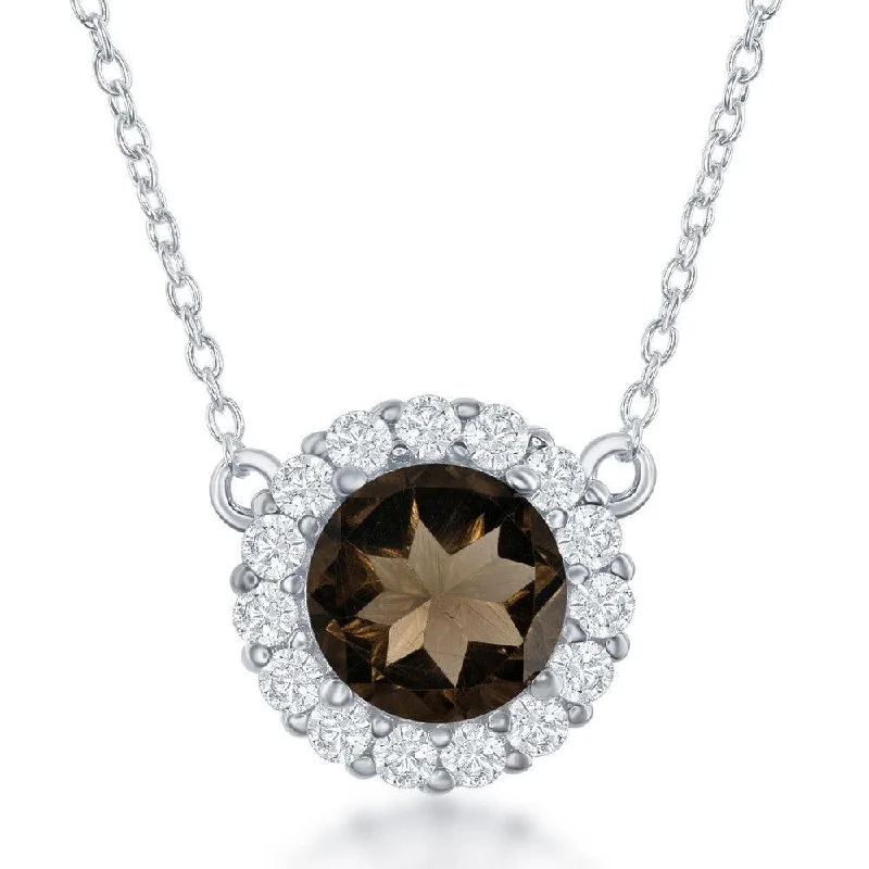 Stunning necklaces and pendants with sapphire gemstones for a luxurious blue hue-Sterling Silver Round Center Smoky with White Topaz Border Necklace