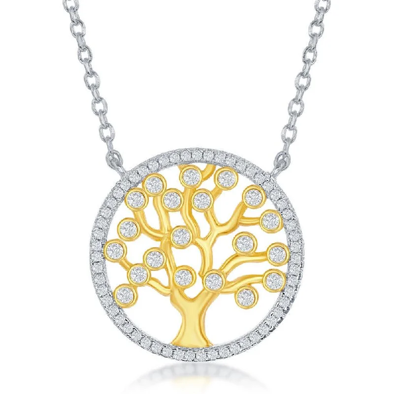 Simple necklaces and pendants with bar pendants for a sleek modern design-Sterling Silver Round CZ Tree Necklace - Gold Plated