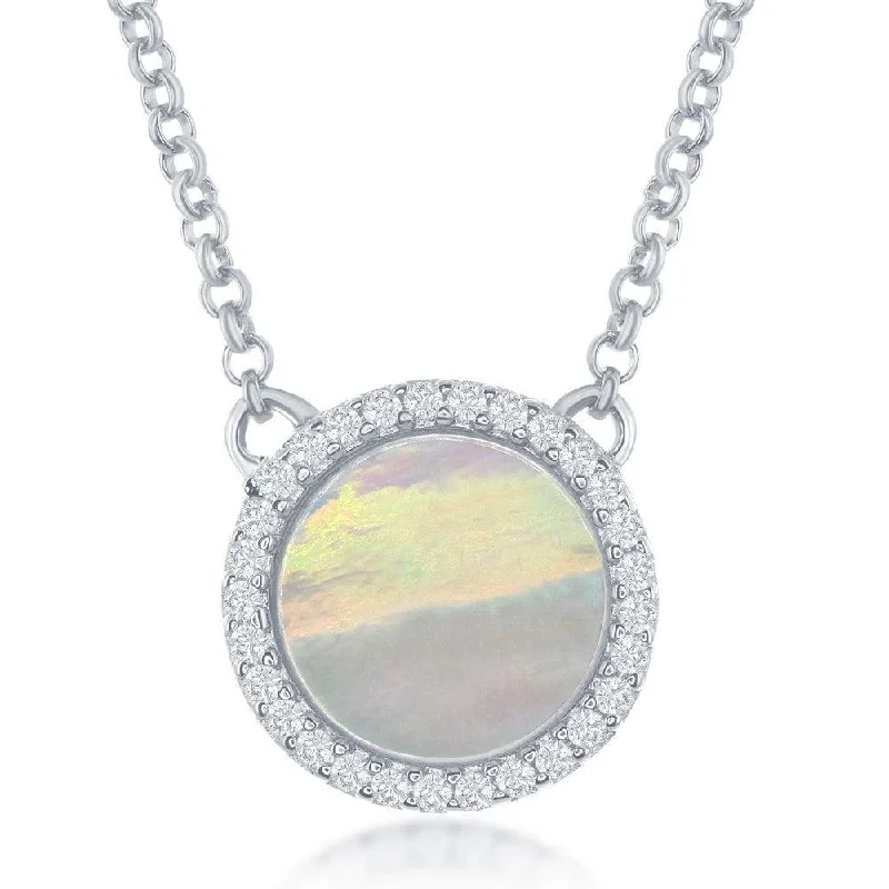 Best necklaces and pendants with floral designs for a feminine and elegant feel-Sterling Silver Round MOP with CZ Border Necklace