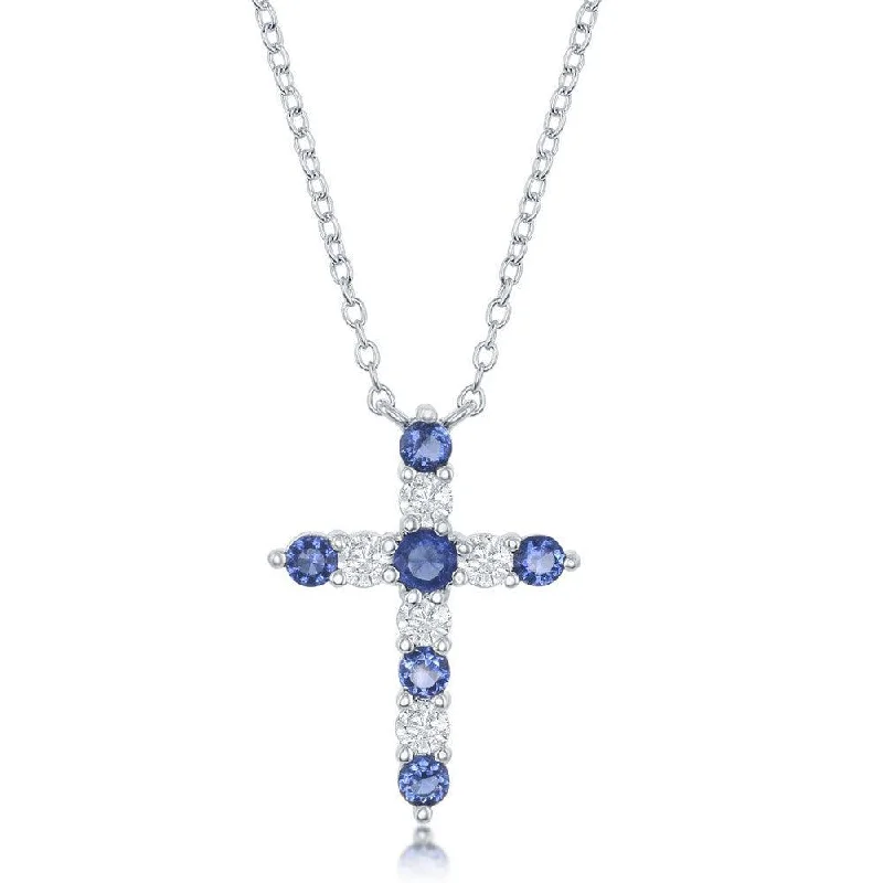 Stunning necklaces and pendants with amethyst gemstones for a calming effect-Sterling Silver Sapphire CZ September Birthstone Cross Necklace