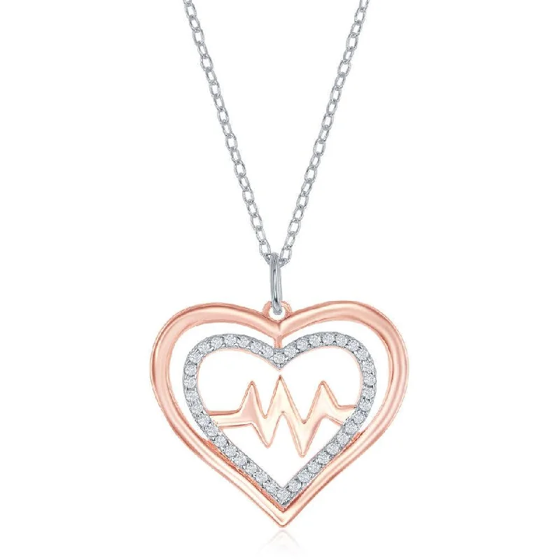 Personalized necklaces and pendants with coordinates for a meaningful location-based gift-Sterling Silver Shiny and CZ Open Heart & Center Heartbeat Necklace - Rose Gold Plated