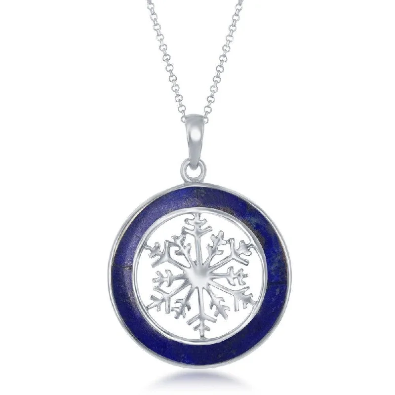 Necklaces and pendants with matching rings for a coordinated set of jewelry-Sterling Silver Snowflake Round Pendant With Chain - Lapis