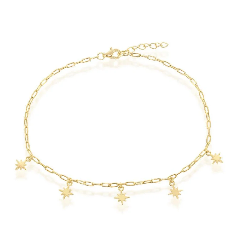 Trendy necklaces and pendants with geometric shapes for a modern aesthetic-Sterling Silver Starburst Charms Paperclip Anklet - Gold Plated