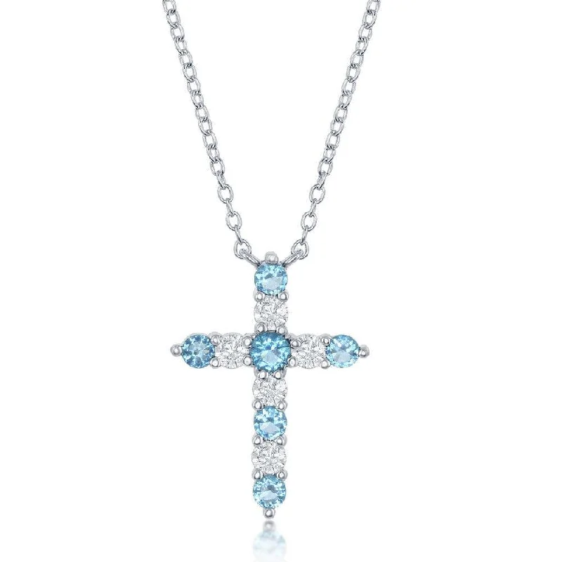 Stunning necklaces and pendants with aquamarine stones for a serene effect-Sterling Silver Swiss Blue CZ December Birthstone Cross Necklace