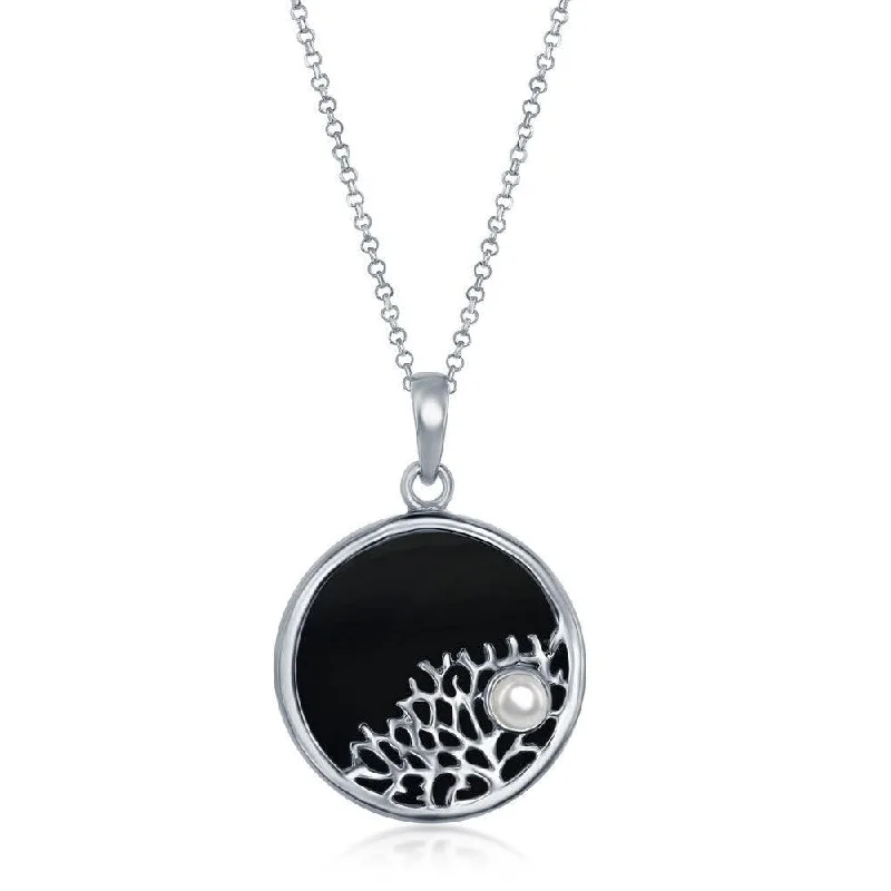 Best necklaces and pendants with butterfly pendants for a delicate, light style-Sterling Silver Tree Branch with Small Pearl Round Pendant - Onyx