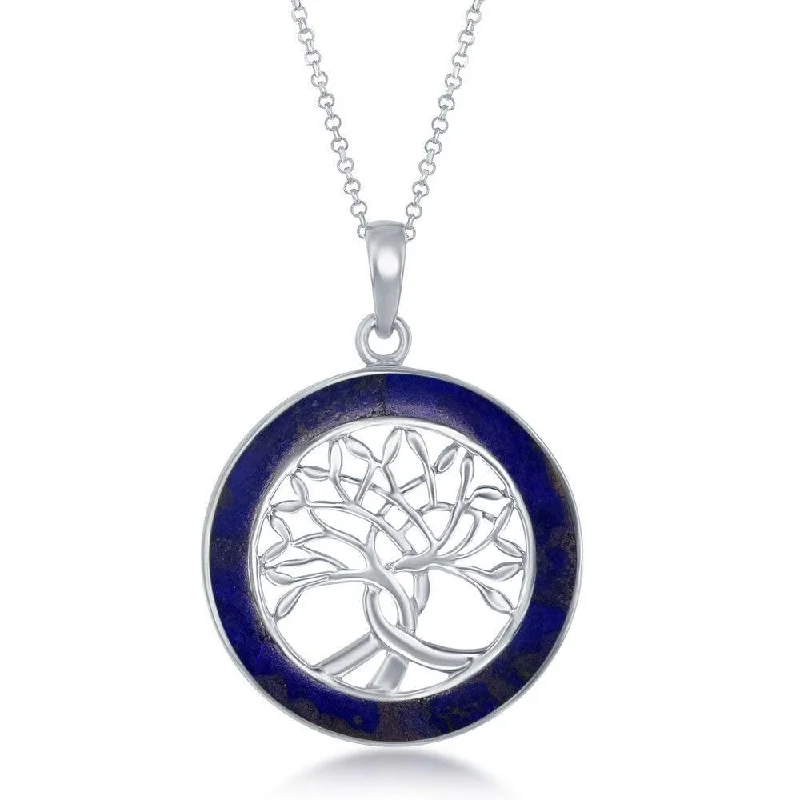 Necklaces and pendants with enamel accents for a colorful, eye-catching appearance-Sterling Silver Tree of Life Round Pendant With Chain - Lapis