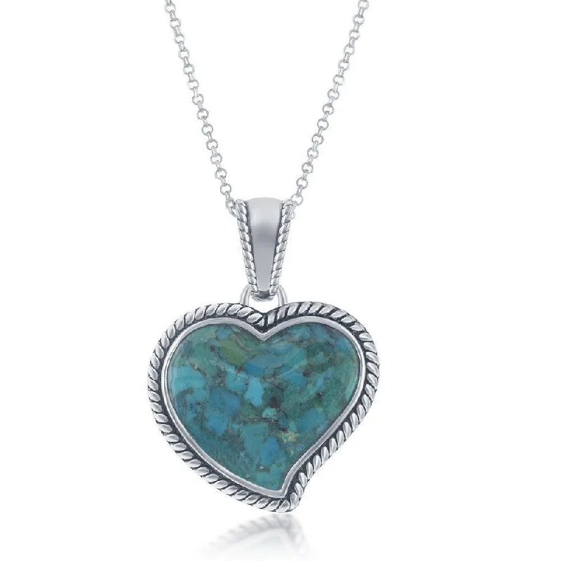 Unique necklaces and pendants with artistic shapes for a creative, one-of-a-kind design-Sterling Silver Turquoise Heart Oxidized Rope Design Border Pendant With Chain