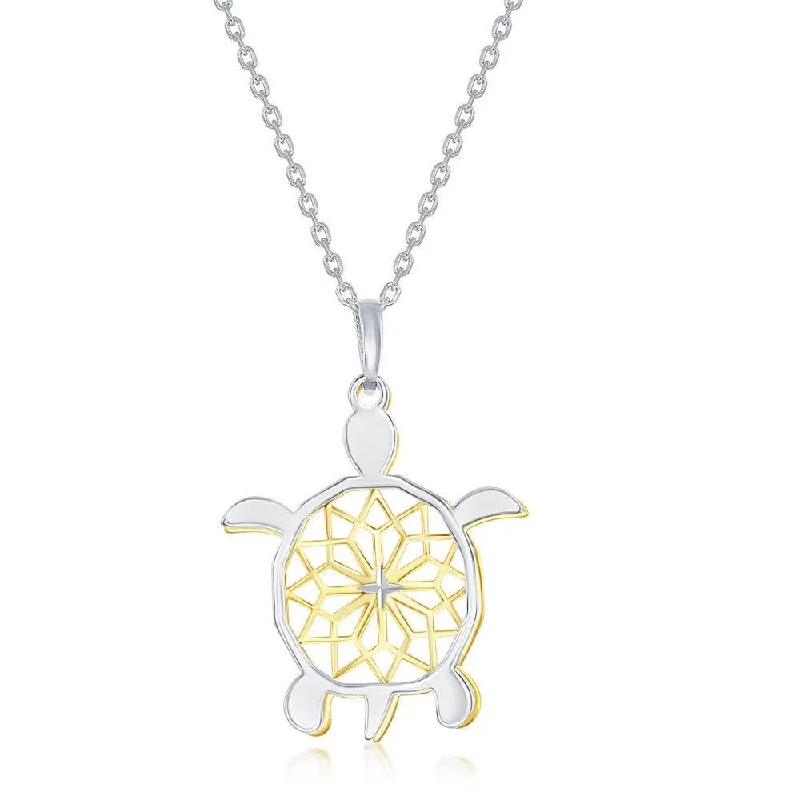 Necklaces and pendants with custom designs for a completely unique jewelry piece-Sterling Silver Two-Tone Fancy Diamond-Cut Design Sea Turtle Necklace