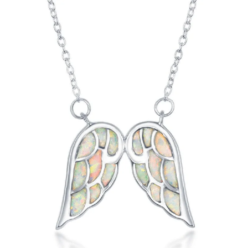 Stunning necklaces and pendants with chakra stones for healing and balance-Sterling Silver White Inlay Opal Angel Wings Necklace