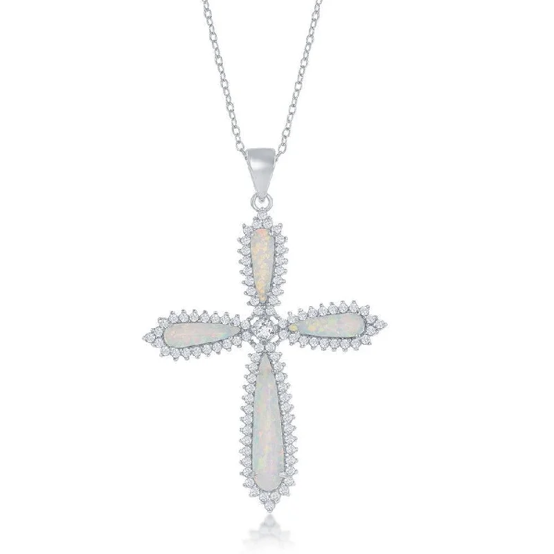 Beautiful necklaces and pendants with moon and star charms for a dreamy effect-Sterling Silver White Opal CZ Border Large Cross Pendant