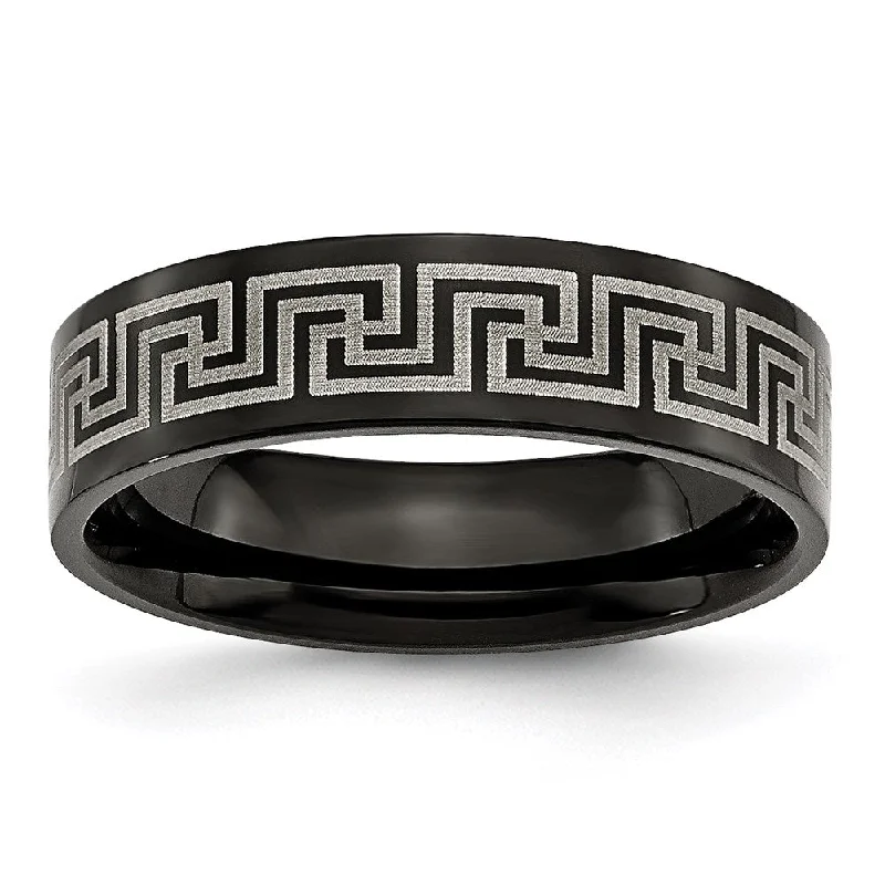 Elegant necklaces and pendants with onyx stones for a sleek, polished look-Titanium Black IP-plated Greek Key Laser Etched 6mm Brushed/Polished Band | TB363