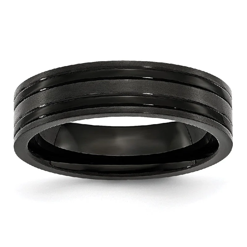 Layered necklaces and pendants for a trendy and fashionable stacked look-Titanium Grooved Black IP-plated 6mm Brushed and Polished Band | TB365