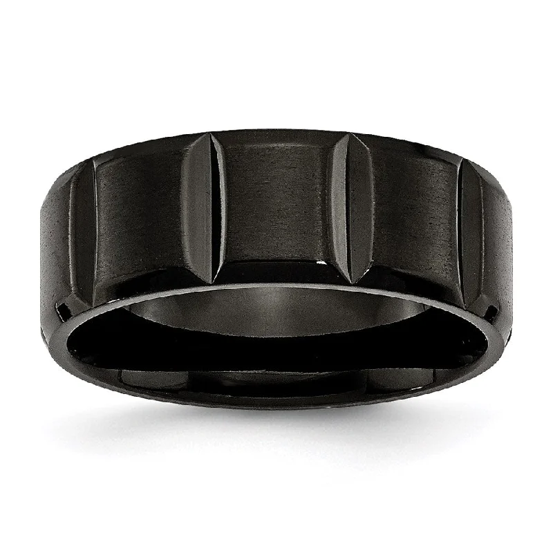 Unique necklaces and pendants with vintage-inspired designs for timeless appeal-Titanium Grooved Black IP-plated 8mm Brushed and Polished Band | TB356